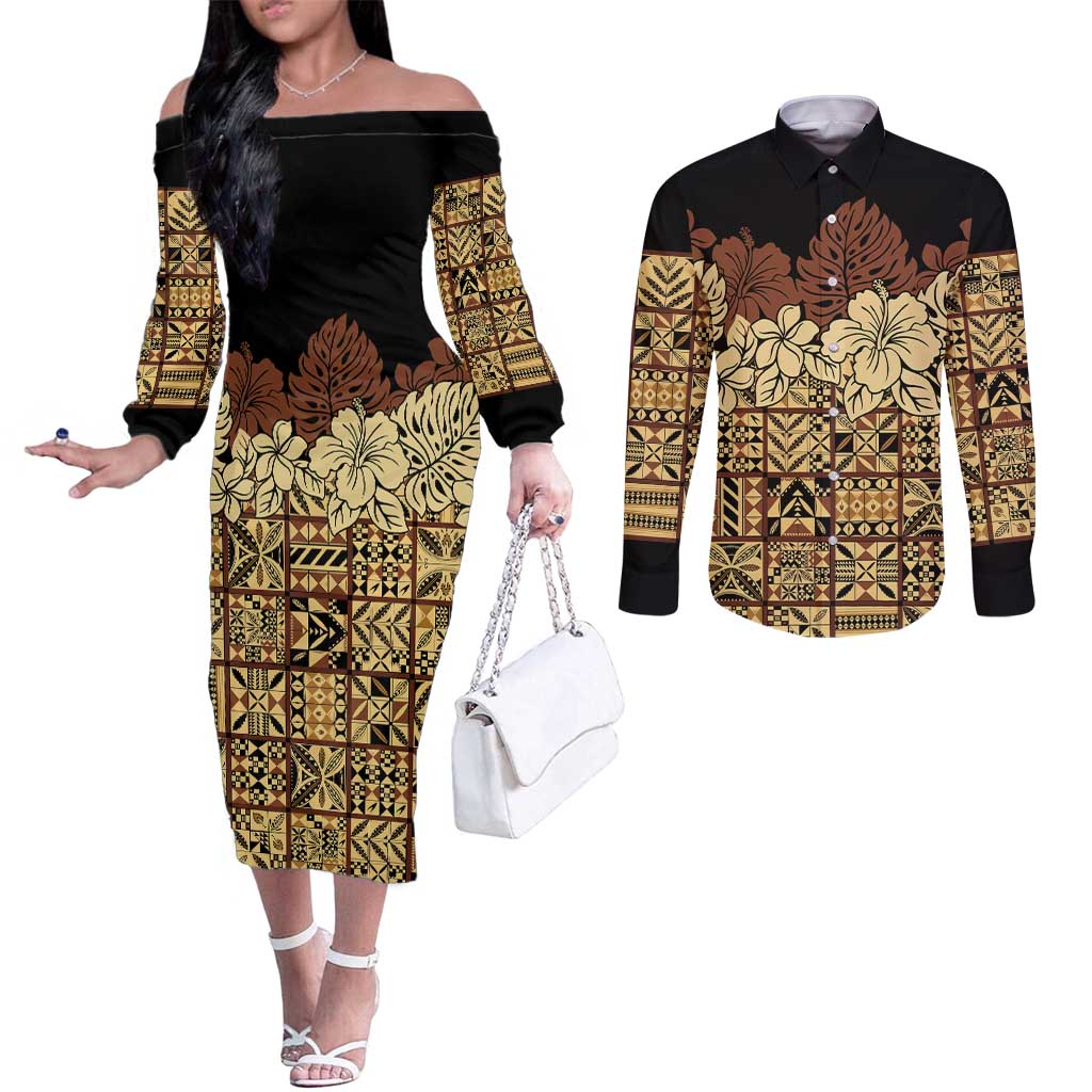 Niue Hiapo Motif Couples Matching Off The Shoulder Long Sleeve Dress and Long Sleeve Button Shirt Tapa Classic - Black Ver