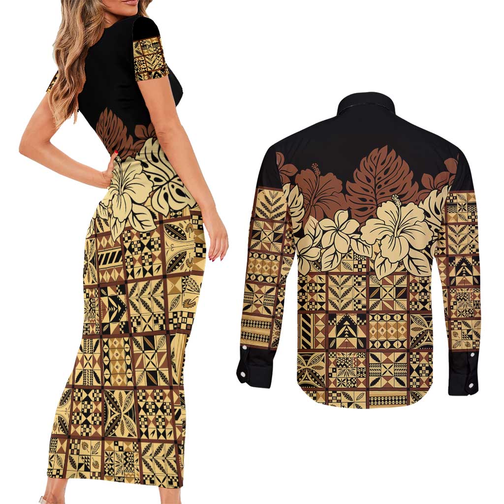 Niue Hiapo Motif Couples Matching Short Sleeve Bodycon Dress and Long Sleeve Button Shirt Tapa Classic - Black Ver