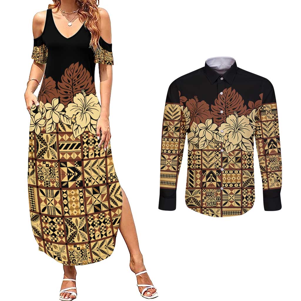 Niue Hiapo Motif Couples Matching Summer Maxi Dress and Long Sleeve Button Shirt Tapa Classic - Black Ver