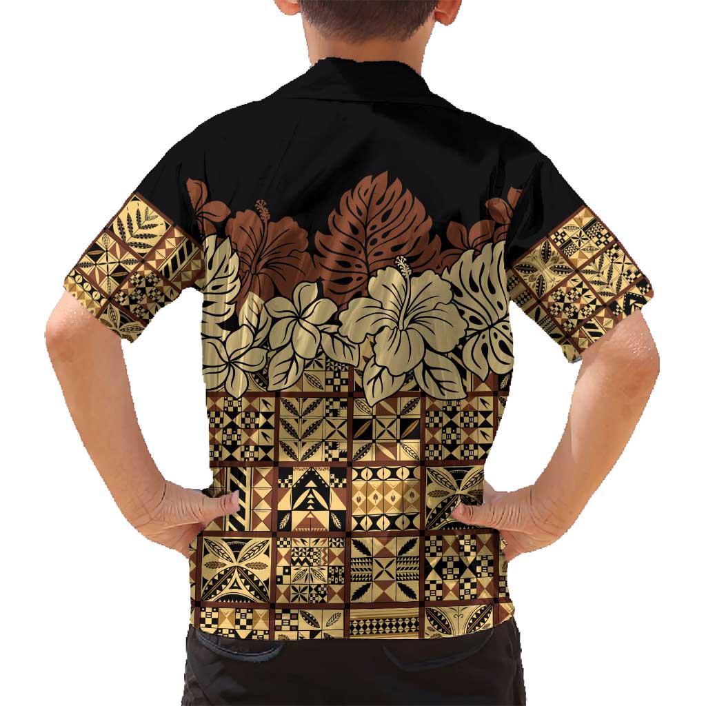 Niue Hiapo Motif Family Matching Puletasi and Hawaiian Shirt Tapa Classic - Black Ver LT7 - Polynesian Pride