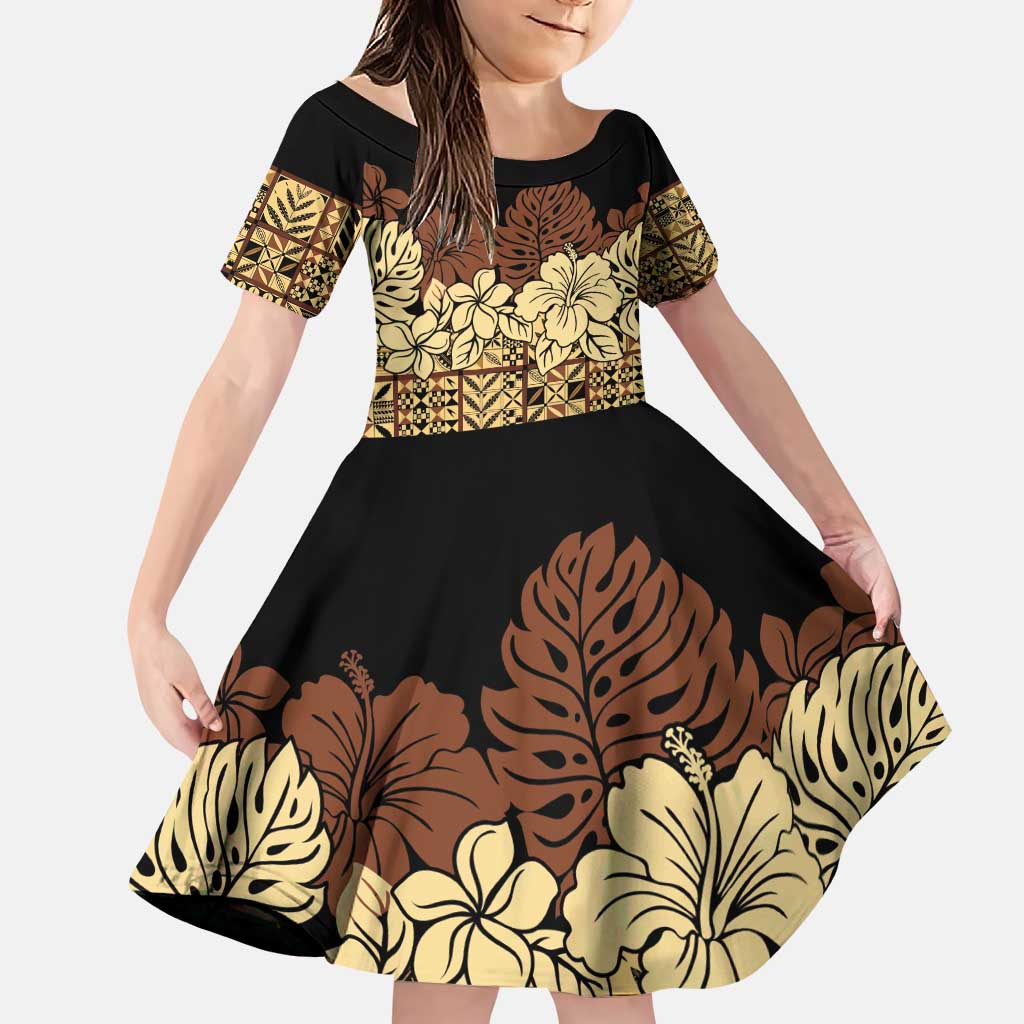 Niue Hiapo Motif Family Matching Puletasi and Hawaiian Shirt Tapa Classic - Black Ver LT7 Daughter's Dress Black - Polynesian Pride