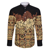 Niue Hiapo Motif Family Matching Puletasi and Hawaiian Shirt Tapa Classic - Black Ver LT7 Dad's Shirt - Long Sleeve Black - Polynesian Pride