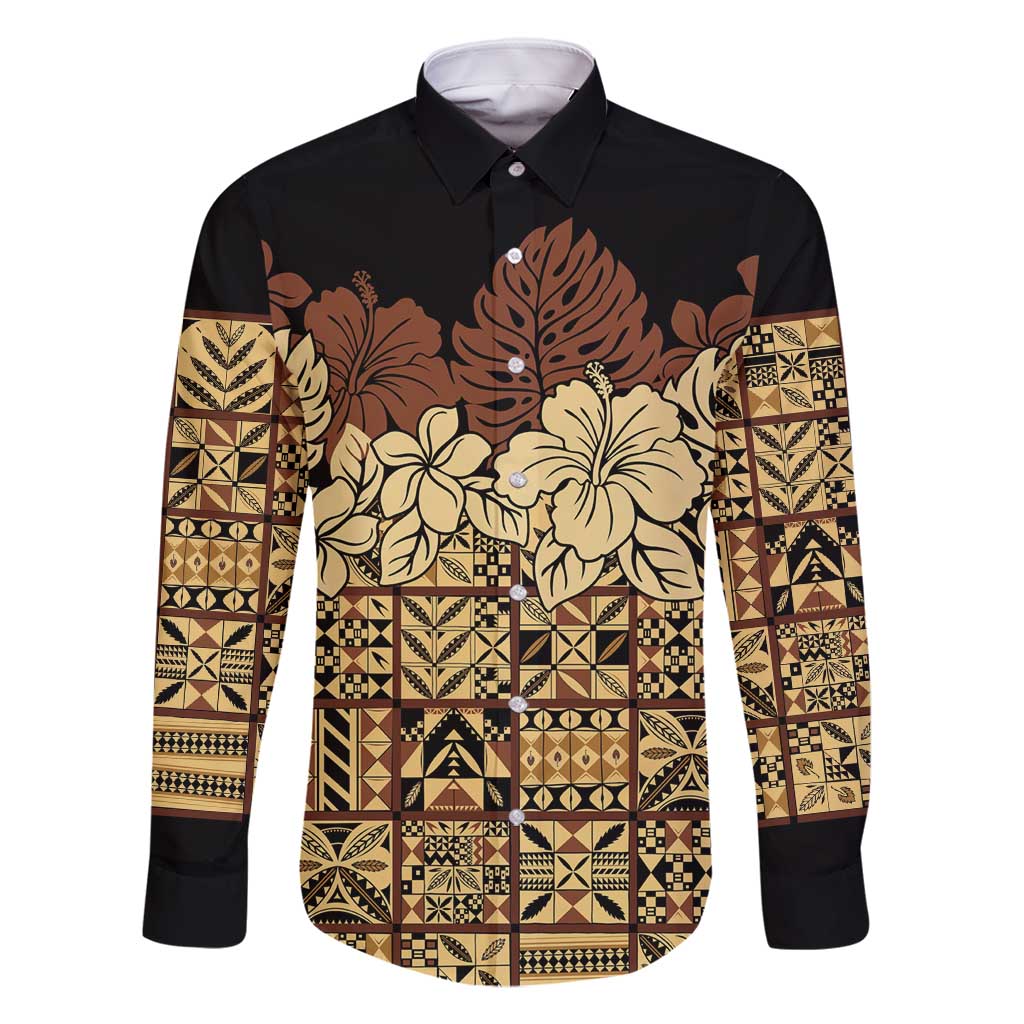 Niue Hiapo Motif Family Matching Tank Maxi Dress and Hawaiian Shirt Tapa Classic - Black Ver LT7 Dad's Shirt - Long Sleeve Black - Polynesian Pride