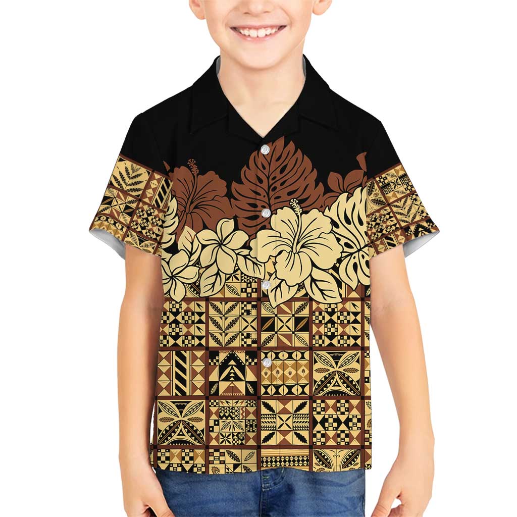 Niue Hiapo Motif Family Matching Tank Maxi Dress and Hawaiian Shirt Tapa Classic - Black Ver LT7 Son's Shirt Black - Polynesian Pride