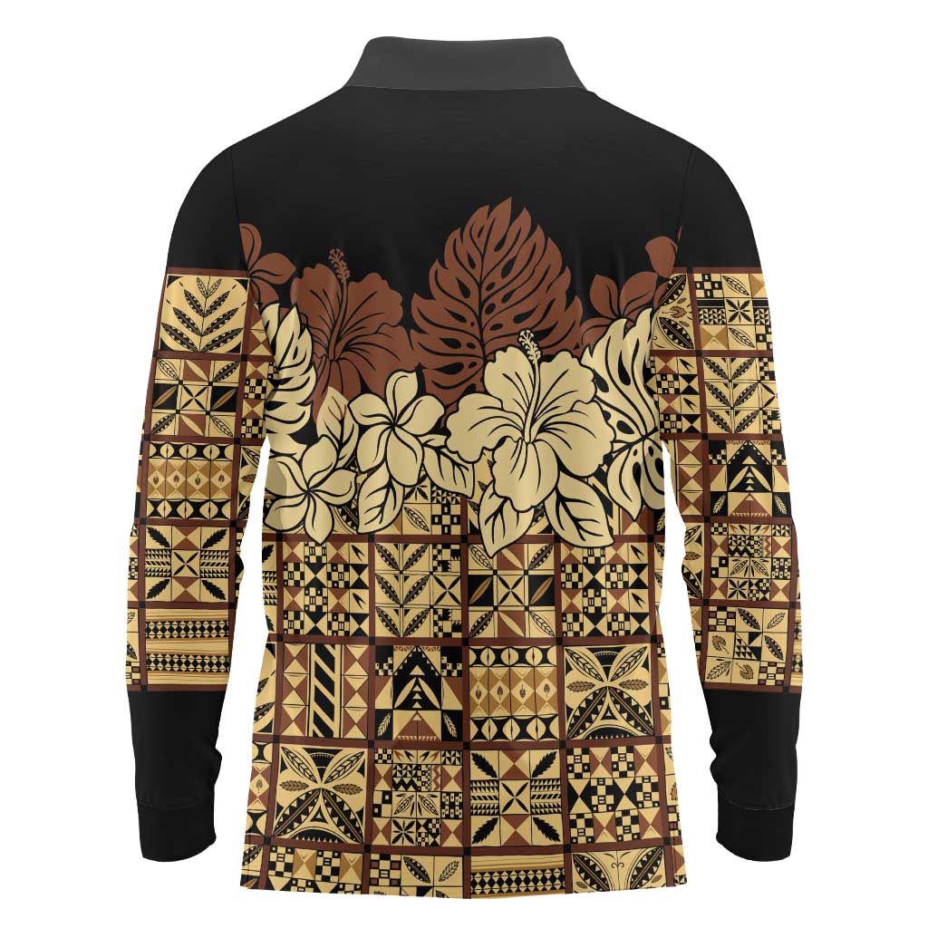 Niue Hiapo Motif Long Sleeve Polo Shirt Tapa Classic - Black Ver