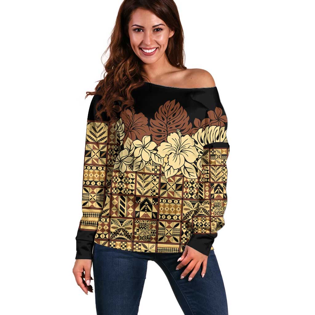 Niue Hiapo Motif Off Shoulder Sweater Tapa Classic - Black Ver