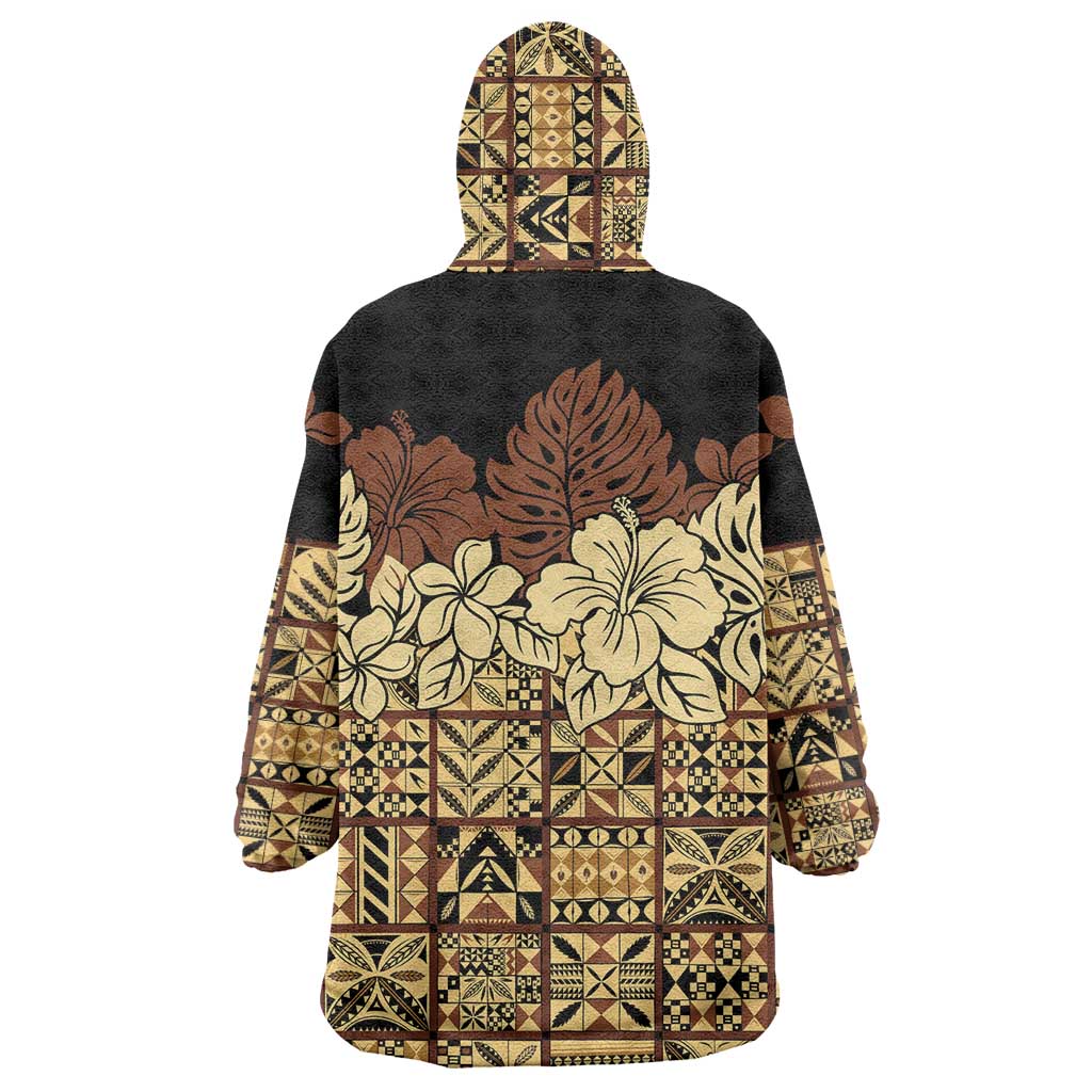 Niue Hiapo Motif Wearable Blanket Hoodie Tapa Classic - Black Ver LT7 - Polynesian Pride