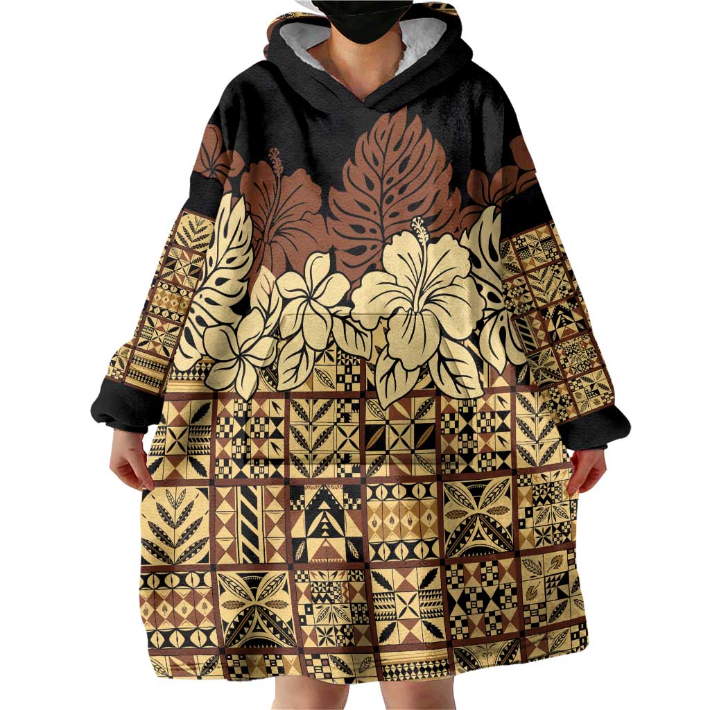 Niue Hiapo Motif Wearable Blanket Hoodie Tapa Classic - Black Ver LT7 - Polynesian Pride