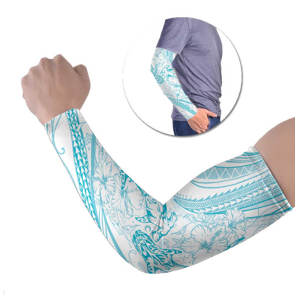 Sharks Couple Dreamy Polynesians Floral Sea Arm Sleeves Turquoise - Polynesian Pride
