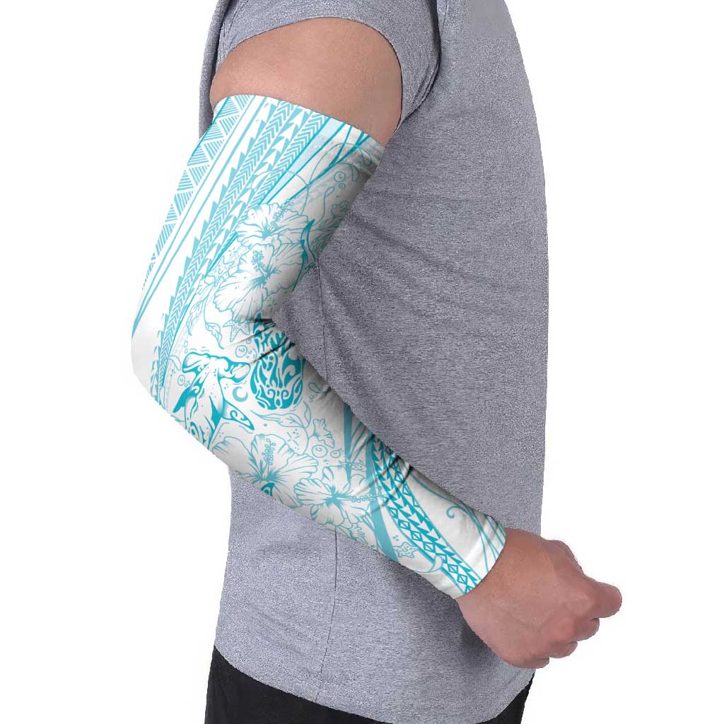 Sharks Couple Dreamy Polynesians Floral Sea Arm Sleeves Turquoise - Polynesian Pride