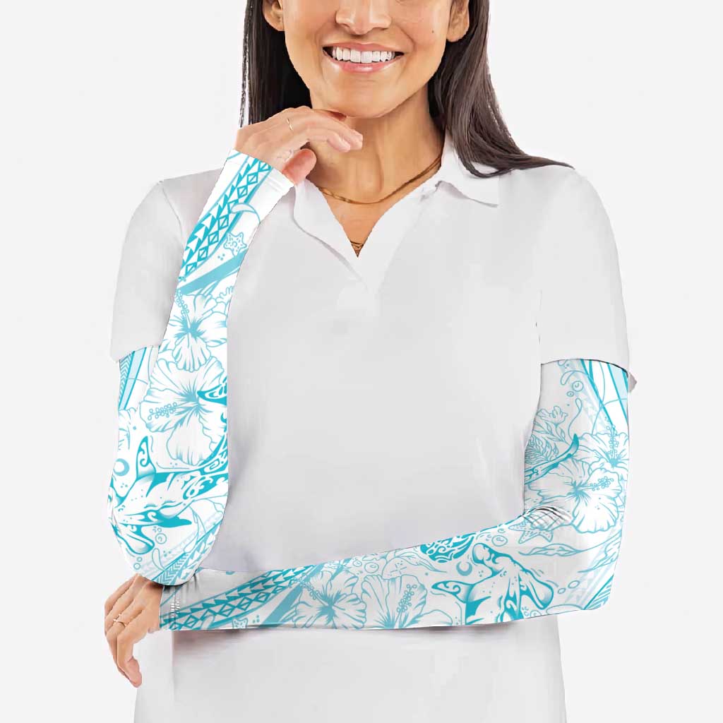 Sharks Couple Dreamy Polynesians Floral Sea Arm Sleeves Turquoise - Polynesian Pride