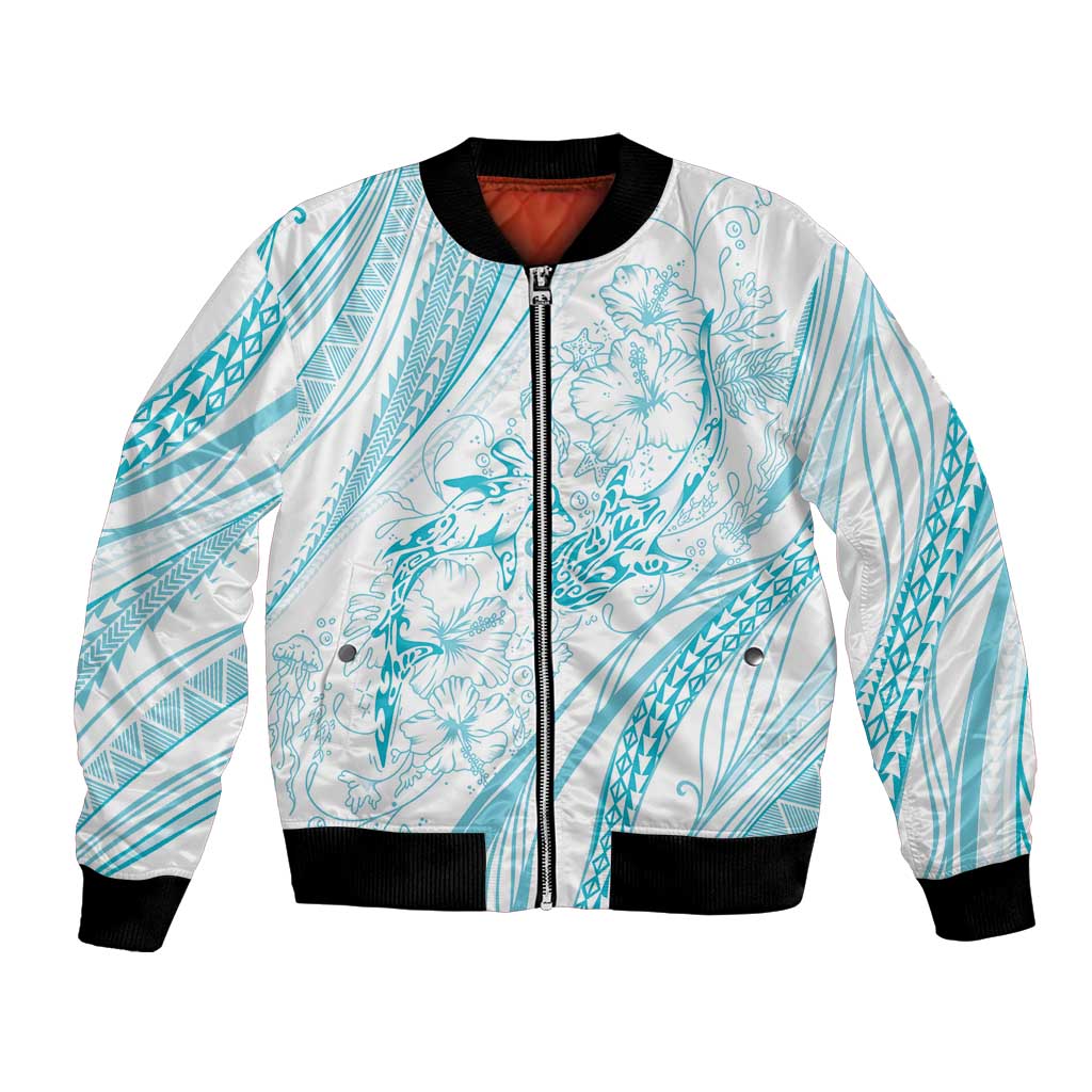 Sharks Couple Dreamy Polynesians Floral Sea Bomber Jacket Turquoise - Polynesian Pride