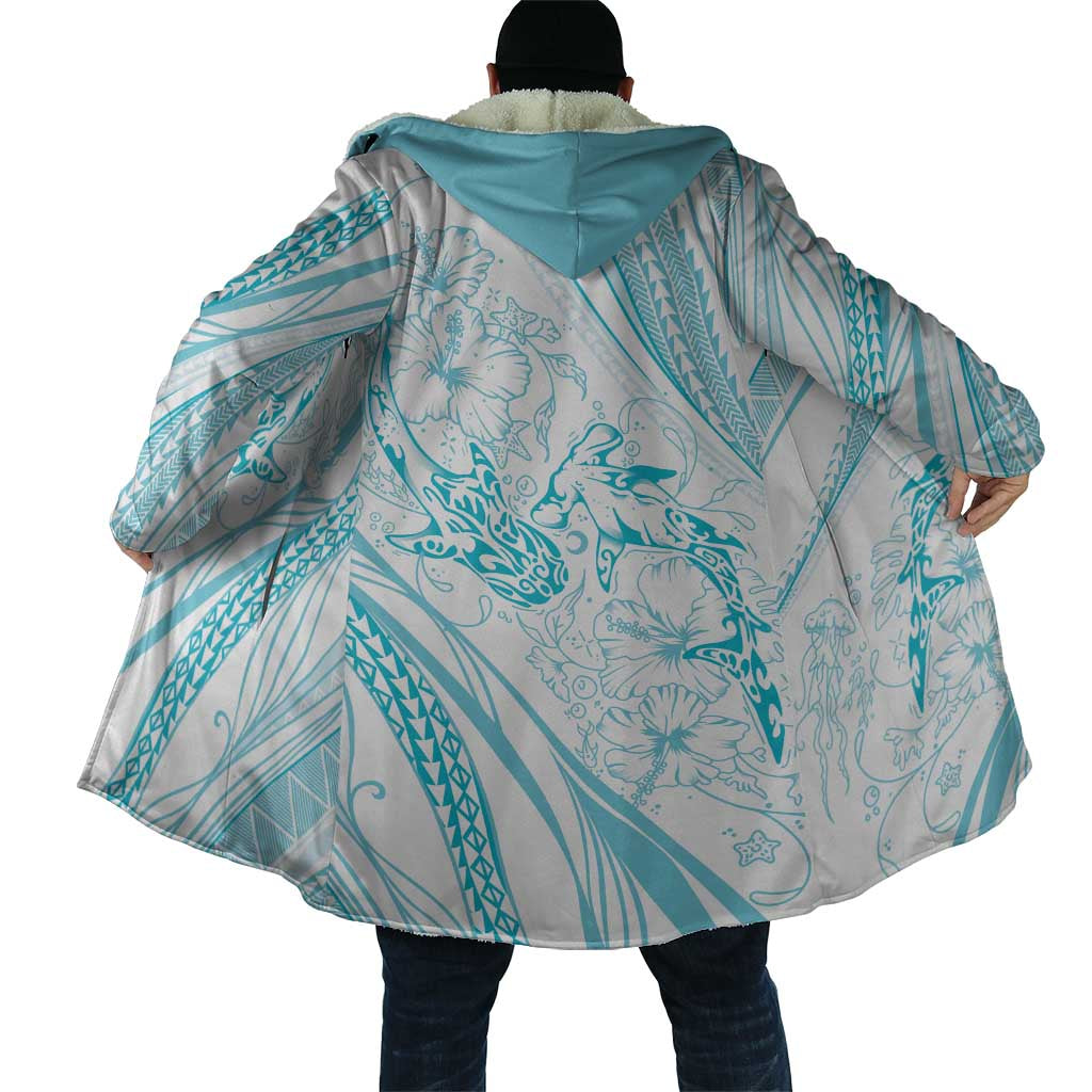 Sharks Couple Dreamy Polynesians Floral Sea Cloak Turquoise - Polynesian Pride