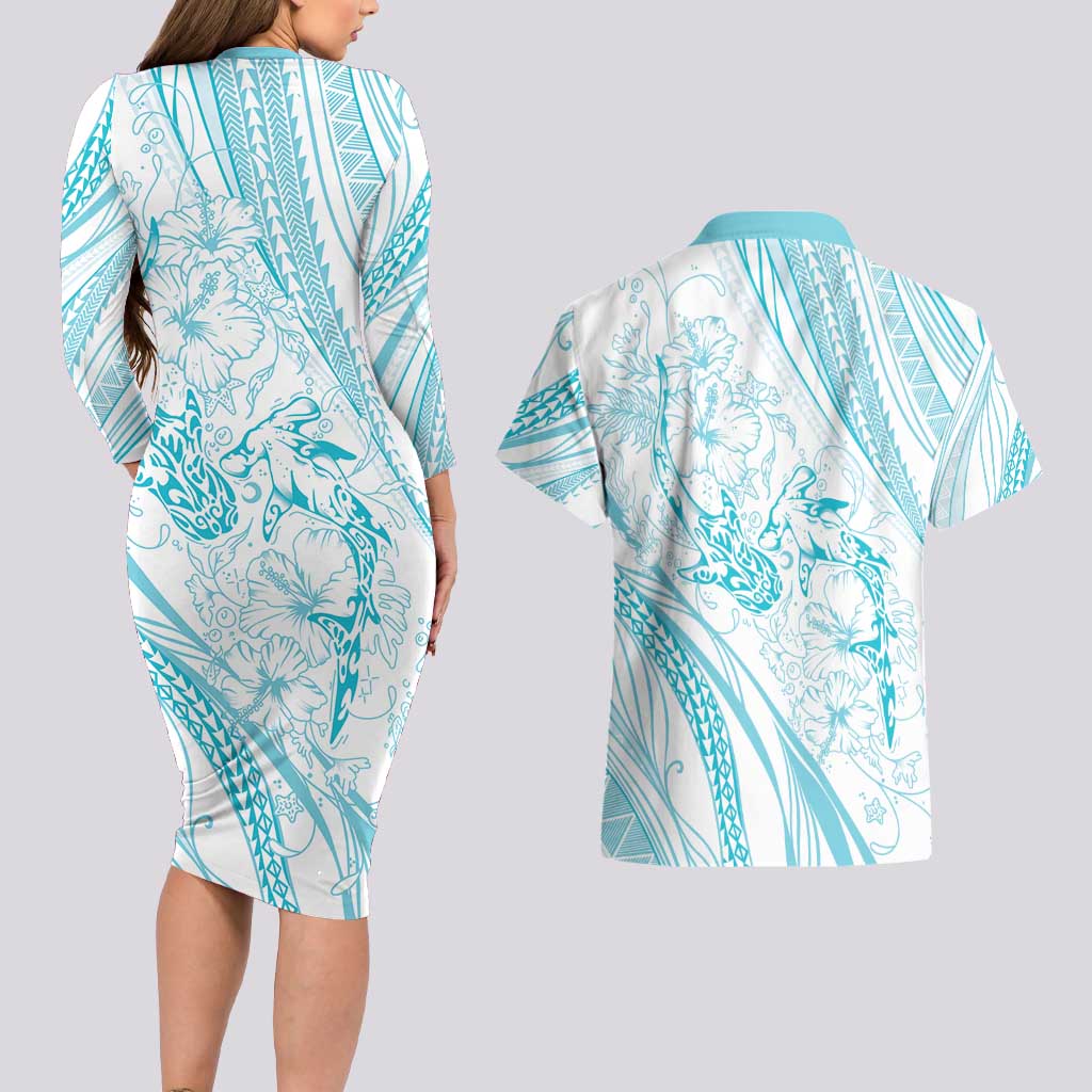 Sharks Couple Dreamy Polynesians Floral Sea Couples Matching Long Sleeve Bodycon Dress and Hawaiian Shirt Turquoise - Polynesian Pride