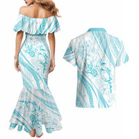 Sharks Couple Dreamy Polynesians Floral Sea Couples Matching Mermaid Dress and Hawaiian Shirt Turquoise - Polynesian Pride