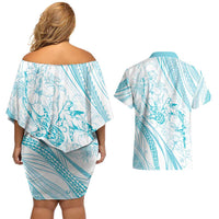 Sharks Couple Dreamy Polynesians Floral Sea Couples Matching Off Shoulder Short Dress and Hawaiian Shirt Turquoise - Polynesian Pride