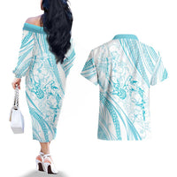 Sharks Couple Dreamy Polynesians Floral Sea Couples Matching Off The Shoulder Long Sleeve Dress and Hawaiian Shirt Turquoise - Polynesian Pride