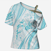 Sharks Couple Dreamy Polynesians Floral Sea Cross Shoulder Shirt Turquoise LT7 Female Turquoise - Polynesian Pride