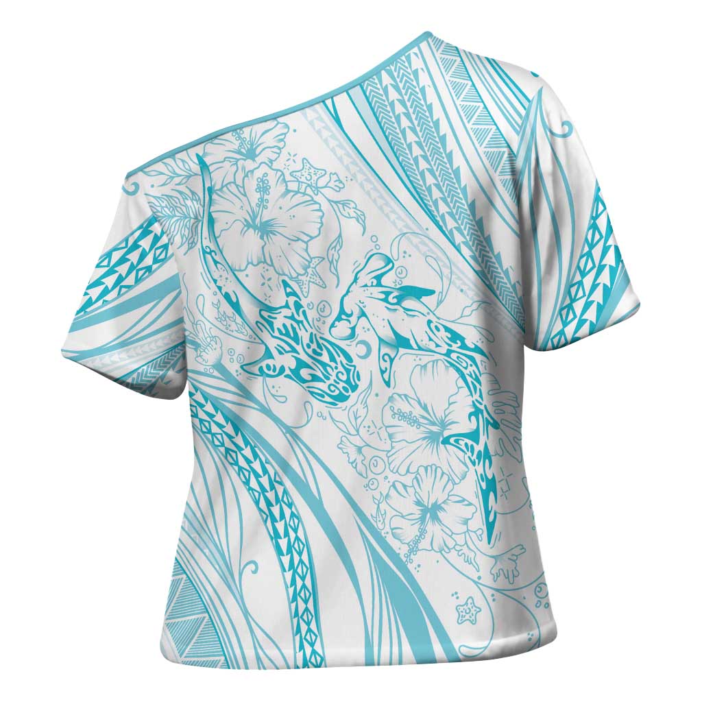 Sharks Couple Dreamy Polynesians Floral Sea Cross Shoulder Shirt Turquoise LT7 - Polynesian Pride