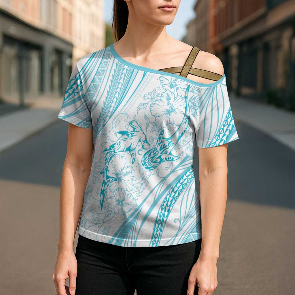 Sharks Couple Dreamy Polynesians Floral Sea Cross Shoulder Shirt Turquoise LT7 - Polynesian Pride