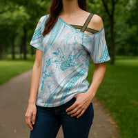 Sharks Couple Dreamy Polynesians Floral Sea Cross Shoulder Shirt Turquoise LT7 - Polynesian Pride