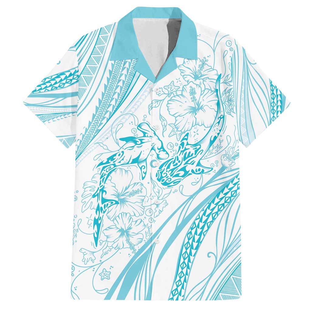 Sharks Couple Dreamy Polynesians Floral Sea Family Matching Long Sleeve Bodycon Dress and Hawaiian Shirt Turquoise - Polynesian Pride