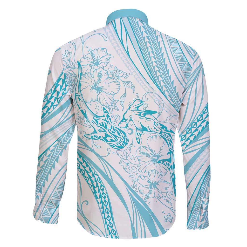 Sharks Couple Dreamy Polynesians Floral Sea Family Matching Long Sleeve Bodycon Dress and Hawaiian Shirt Turquoise - Polynesian Pride