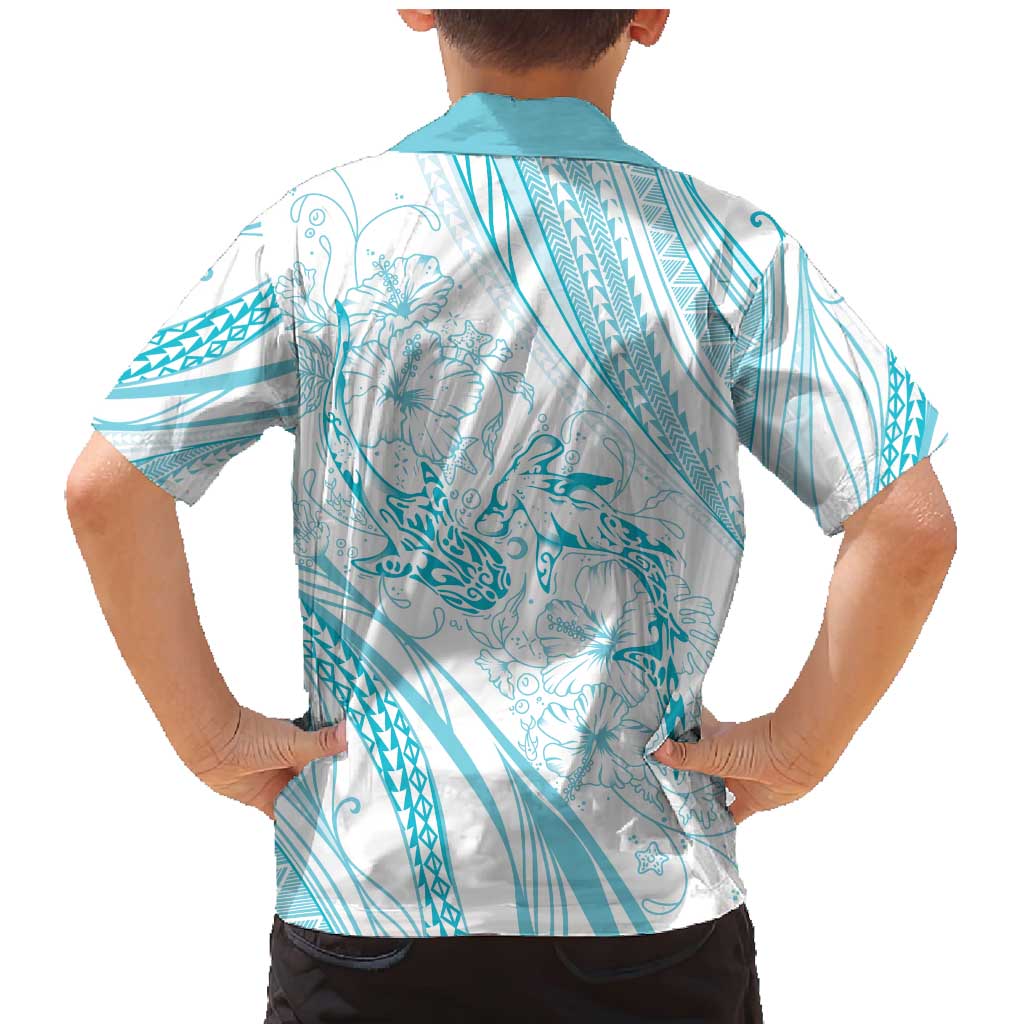Sharks Couple Dreamy Polynesians Floral Sea Family Matching Mermaid Dress and Hawaiian Shirt Turquoise - Polynesian Pride