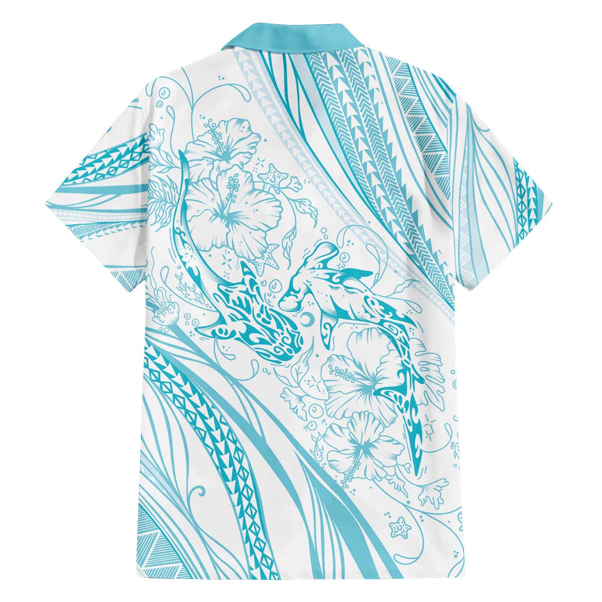 Sharks Couple Dreamy Polynesians Floral Sea Family Matching Off The Shoulder Long Sleeve Dress and Hawaiian Shirt Turquoise - Polynesian Pride