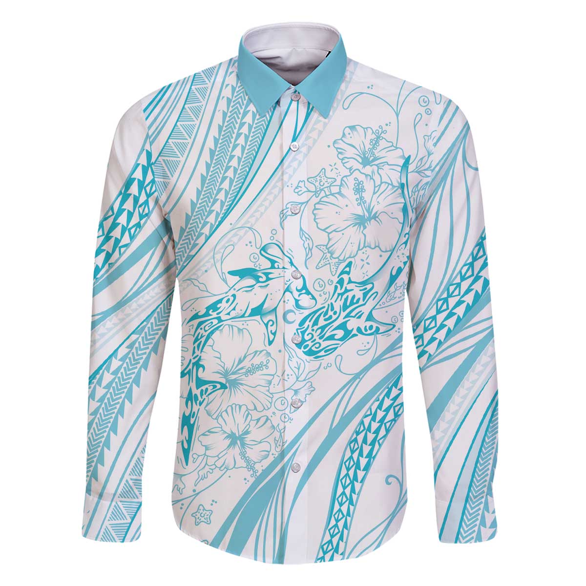 Sharks Couple Dreamy Polynesians Floral Sea Family Matching Off The Shoulder Long Sleeve Dress and Hawaiian Shirt Turquoise - Polynesian Pride