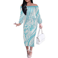 Sharks Couple Dreamy Polynesians Floral Sea Family Matching Off The Shoulder Long Sleeve Dress and Hawaiian Shirt Turquoise - Polynesian Pride