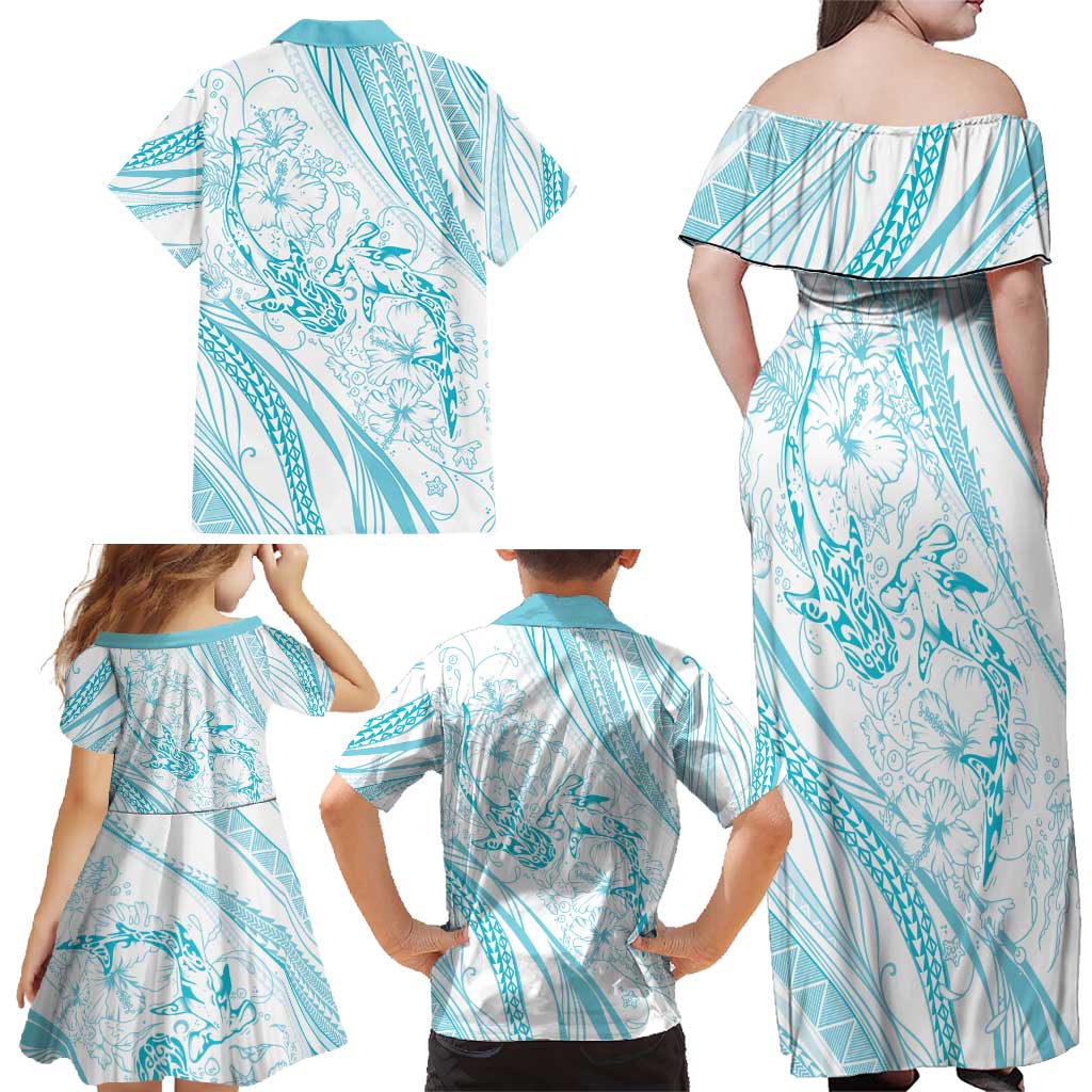Sharks Couple Dreamy Polynesians Floral Sea Family Matching Off Shoulder Maxi Dress and Hawaiian Shirt Turquoise - Polynesian Pride