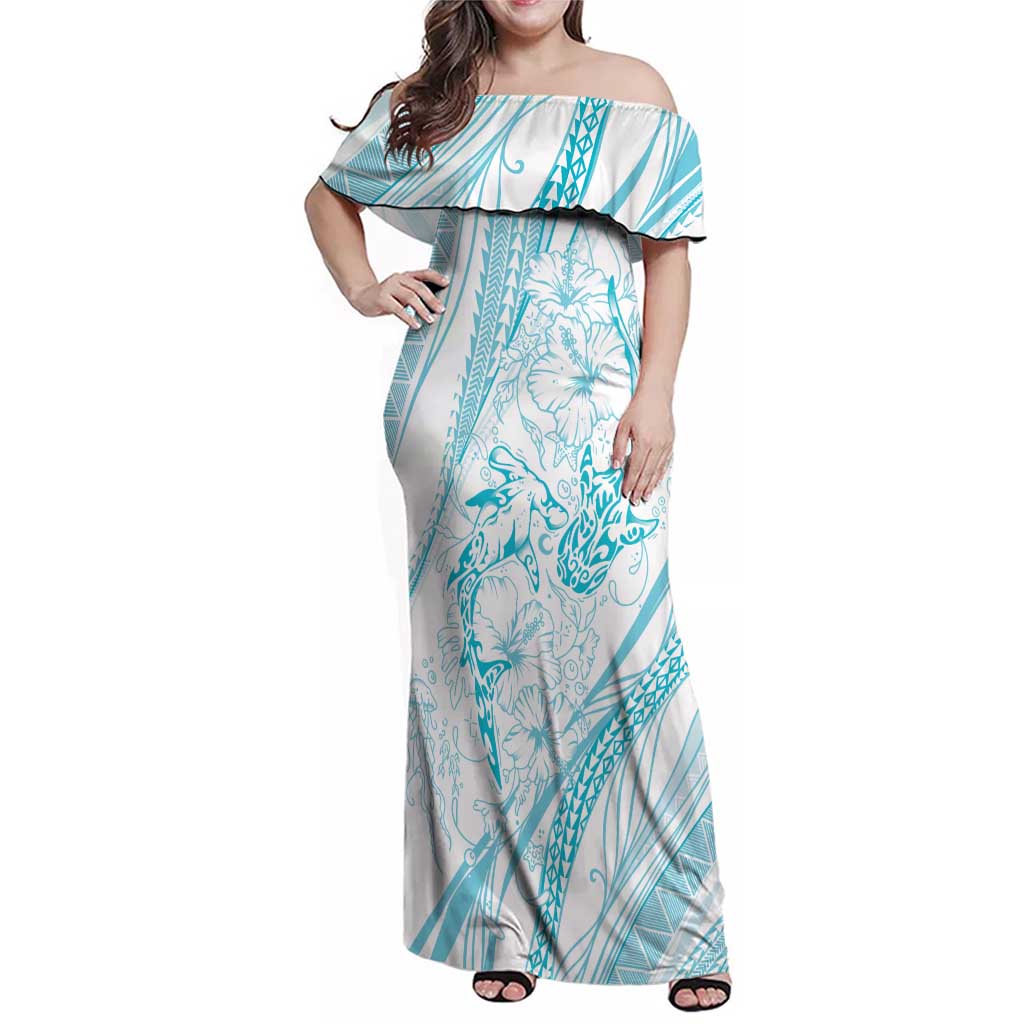 Sharks Couple Dreamy Polynesians Floral Sea Family Matching Off Shoulder Maxi Dress and Hawaiian Shirt Turquoise - Polynesian Pride