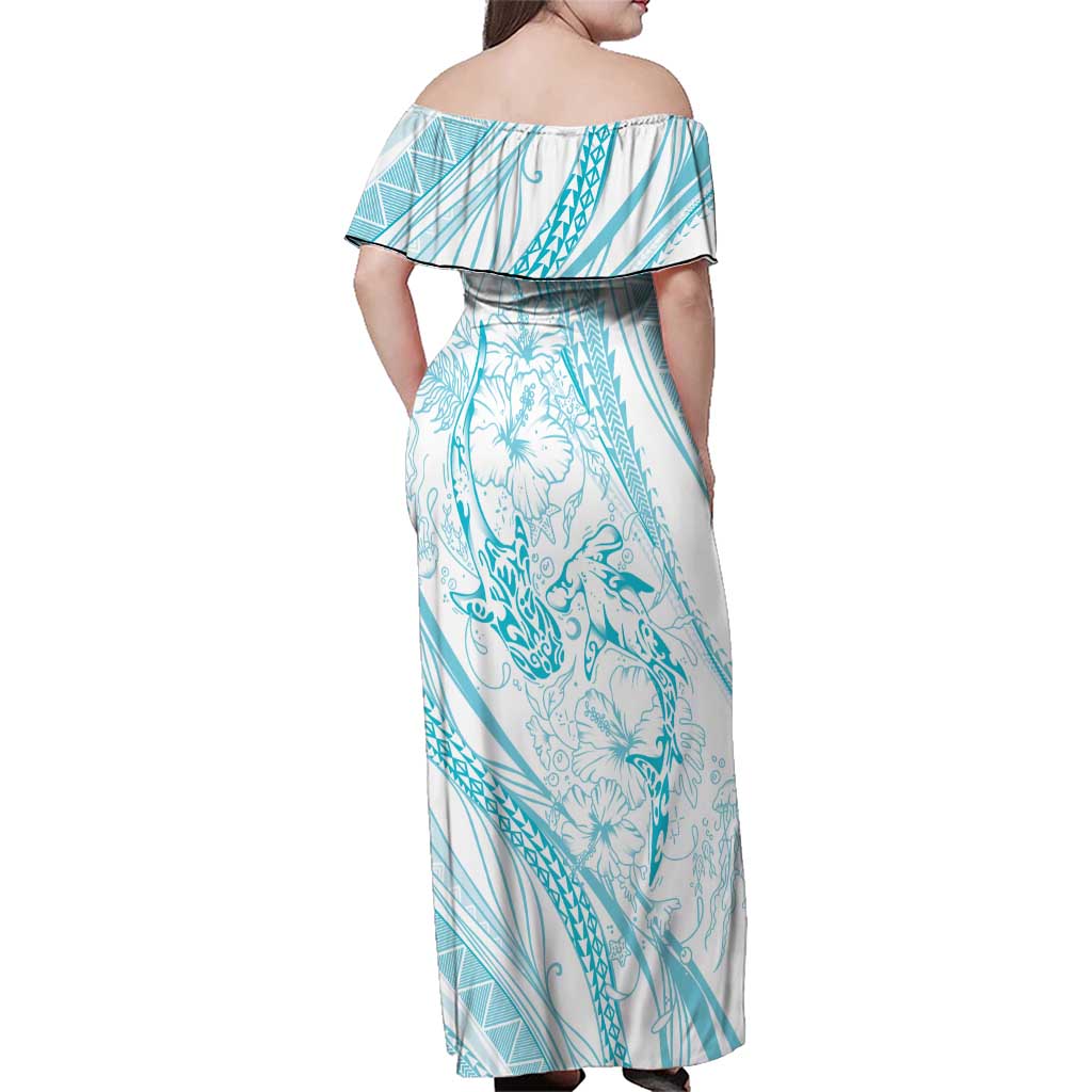Sharks Couple Dreamy Polynesians Floral Sea Family Matching Off Shoulder Maxi Dress and Hawaiian Shirt Turquoise - Polynesian Pride