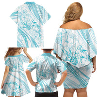 Sharks Couple Dreamy Polynesians Floral Sea Family Matching Off Shoulder Short Dress and Hawaiian Shirt Turquoise - Polynesian Pride