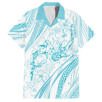 Sharks Couple Dreamy Polynesians Floral Sea Family Matching Off Shoulder Short Dress and Hawaiian Shirt Turquoise - Polynesian Pride