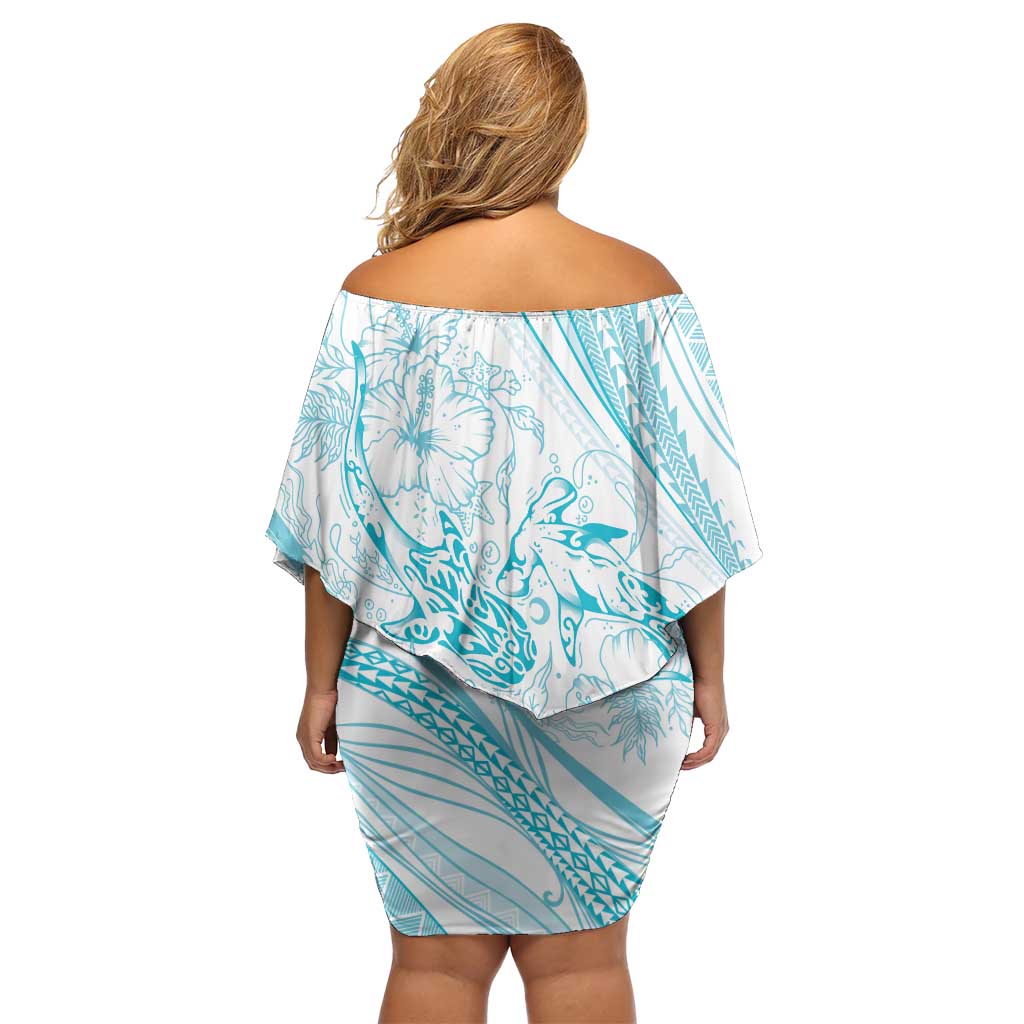 Sharks Couple Dreamy Polynesians Floral Sea Family Matching Off Shoulder Short Dress and Hawaiian Shirt Turquoise - Polynesian Pride