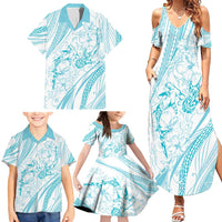 Sharks Couple Dreamy Polynesians Floral Sea Family Matching Summer Maxi Dress and Hawaiian Shirt Turquoise - Polynesian Pride