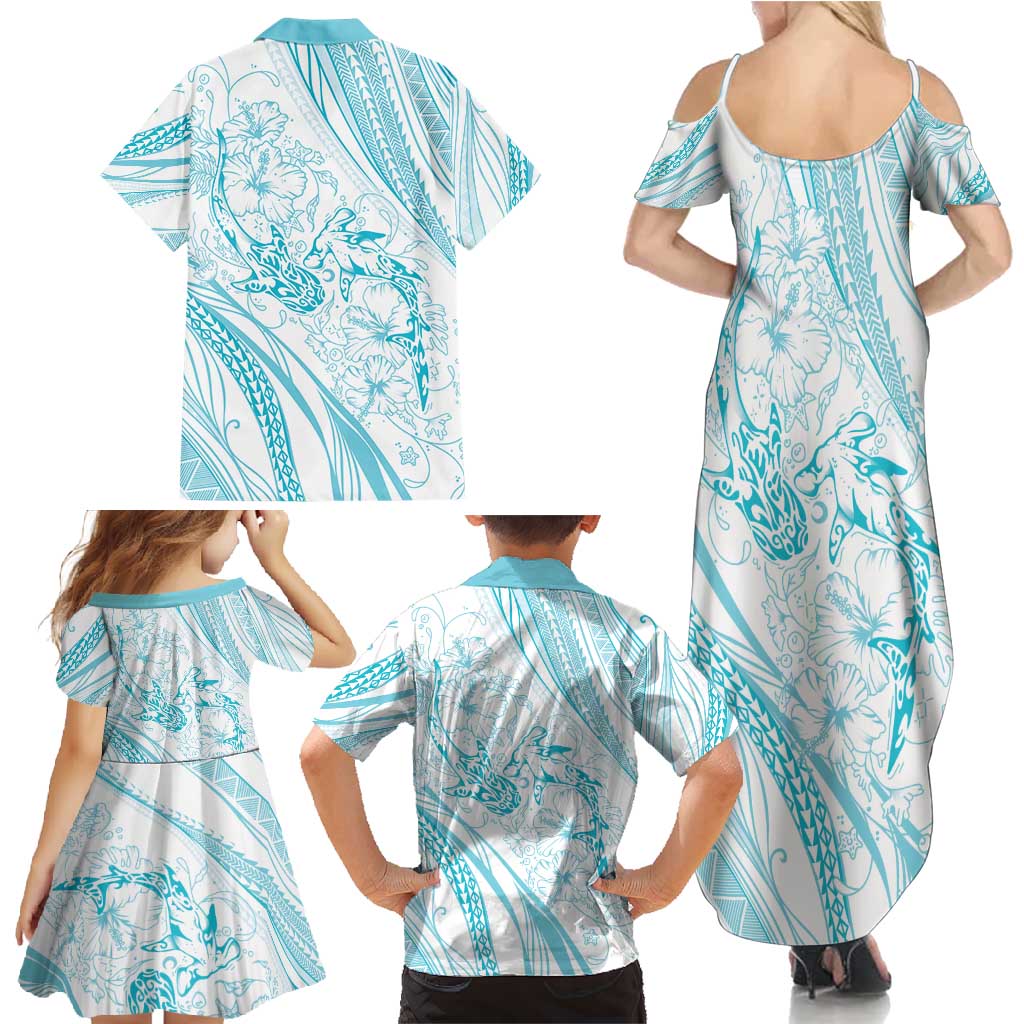 Sharks Couple Dreamy Polynesians Floral Sea Family Matching Summer Maxi Dress and Hawaiian Shirt Turquoise - Polynesian Pride