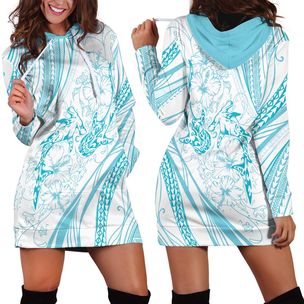 Sharks Couple Dreamy Polynesians Floral Sea Hoodie Dress Turquoise LT7 - Polynesian Pride