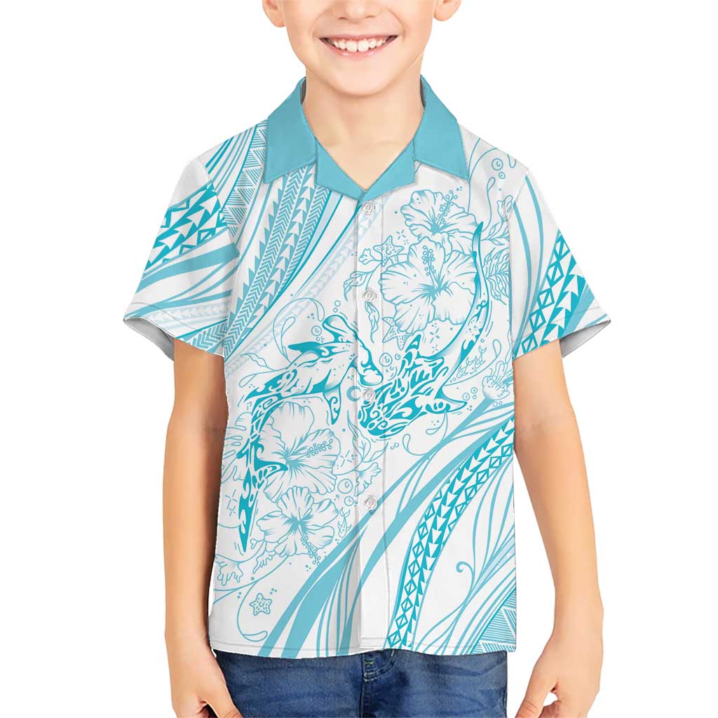 Sharks Couple Dreamy Polynesians Floral Sea Kid Hawaiian Shirt Turquoise LT7 Kid Turquoise - Polynesian Pride