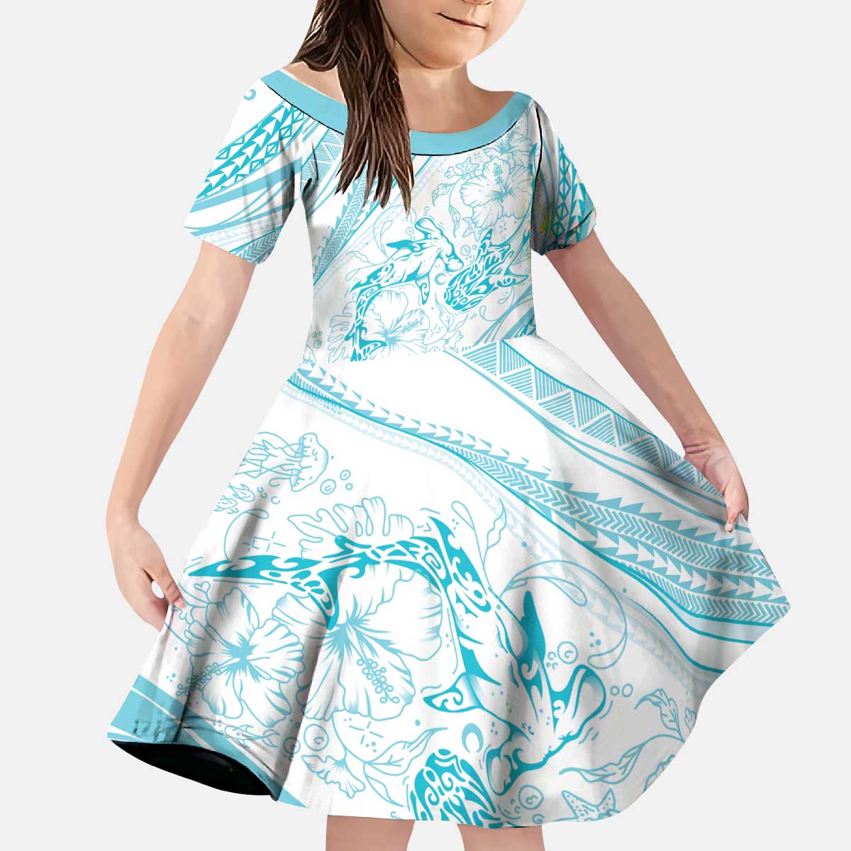 Sharks Couple Dreamy Polynesians Floral Sea Kid Short Sleeve Dress Turquoise - Polynesian Pride