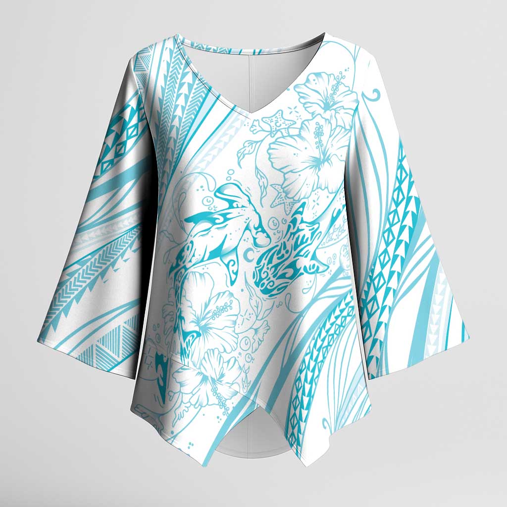 Sharks Couple Dreamy Polynesians Floral Sea Kimono Sleeve Blouse Turquoise - Polynesian Pride