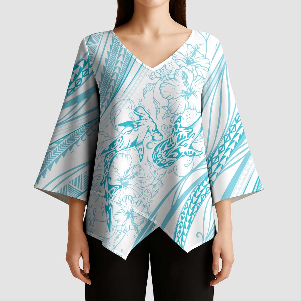 Sharks Couple Dreamy Polynesians Floral Sea Kimono Sleeve Blouse Turquoise - Polynesian Pride