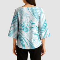 Sharks Couple Dreamy Polynesians Floral Sea Kimono Sleeve Blouse Turquoise - Polynesian Pride