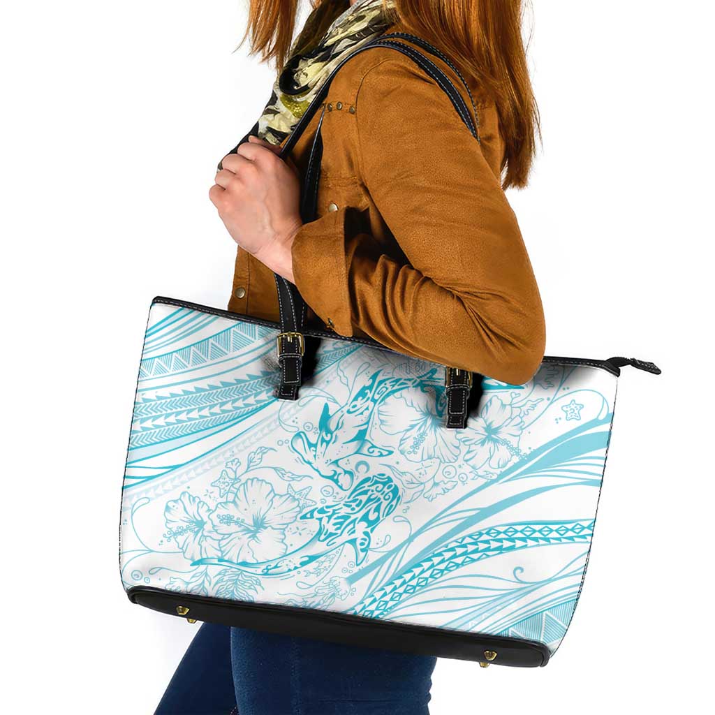 Sharks Couple Dreamy Polynesians Floral Sea Leather Tote Bag Turquoise LT7 Turquoise - Polynesian Pride
