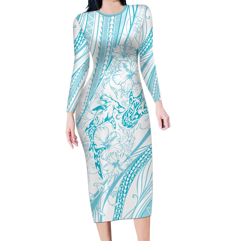 Sharks Couple Dreamy Polynesians Floral Sea Long Sleeve Bodycon Dress Turquoise LT7 Long Dress Turquoise - Polynesian Pride