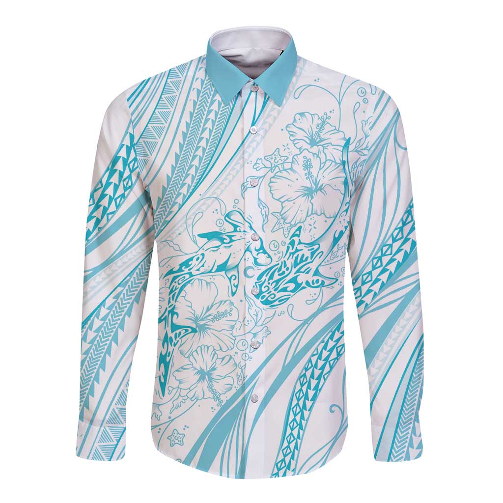 Sharks Couple Dreamy Polynesians Floral Sea Long Sleeve Button Shirt Turquoise - Polynesian Pride