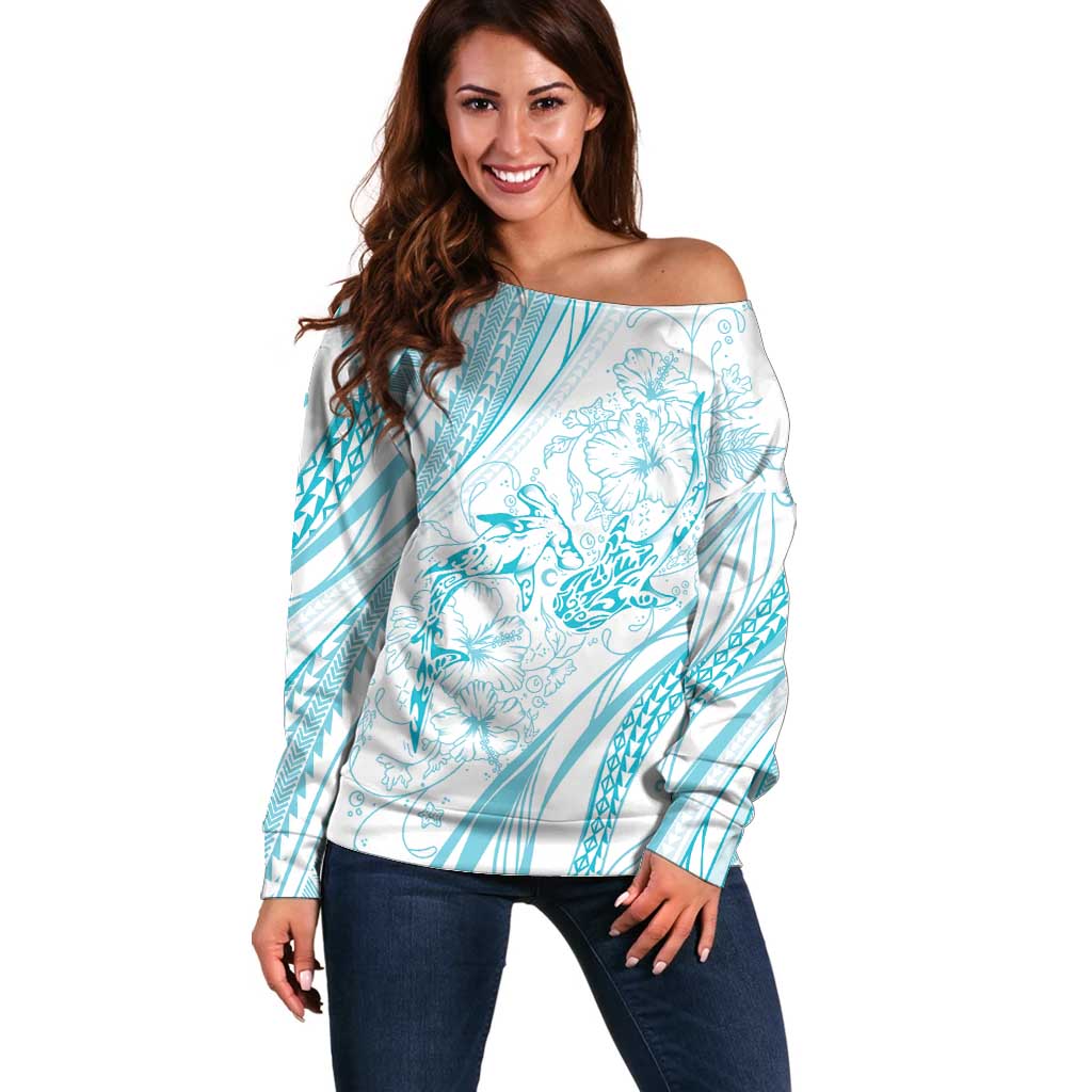 Sharks Couple Dreamy Polynesians Floral Sea Off Shoulder Sweater Turquoise LT7 Women Turquoise - Polynesian Pride