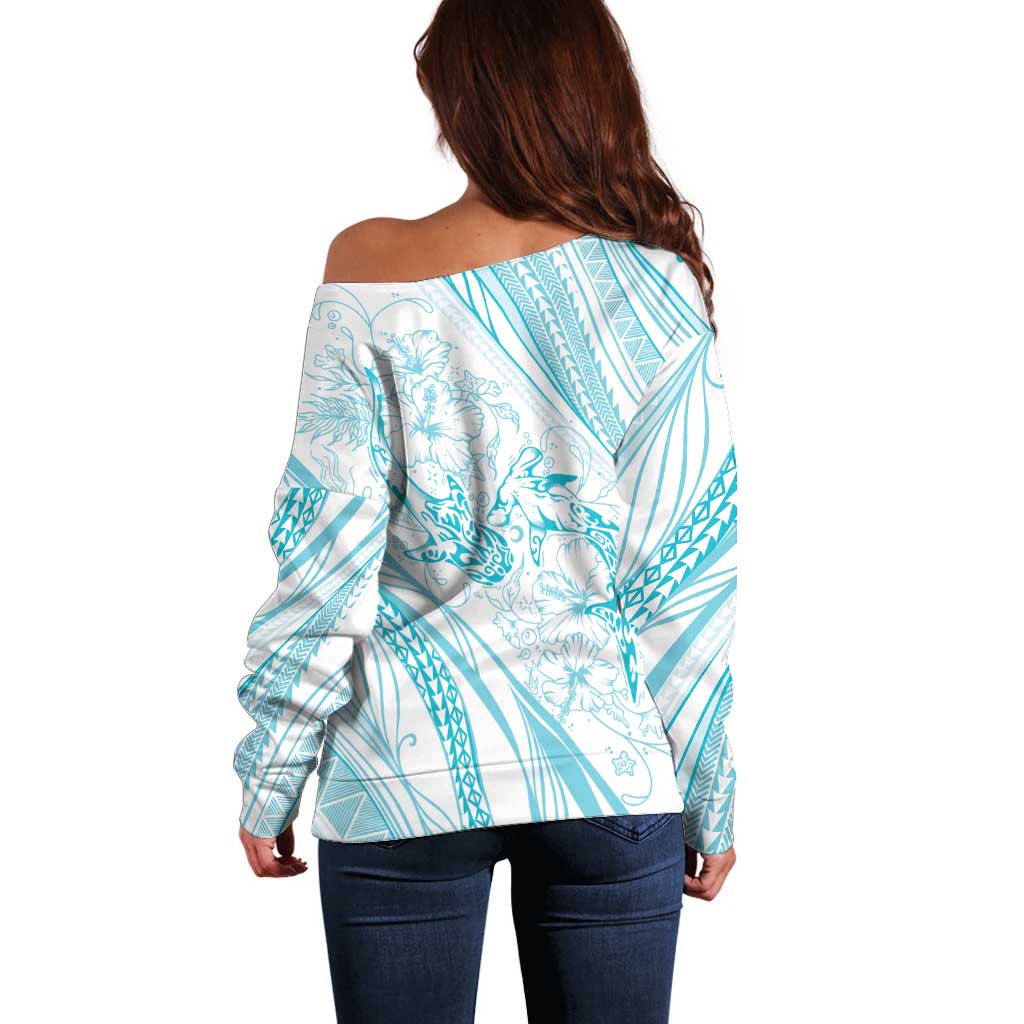Sharks Couple Dreamy Polynesians Floral Sea Off Shoulder Sweater Turquoise LT7 - Polynesian Pride